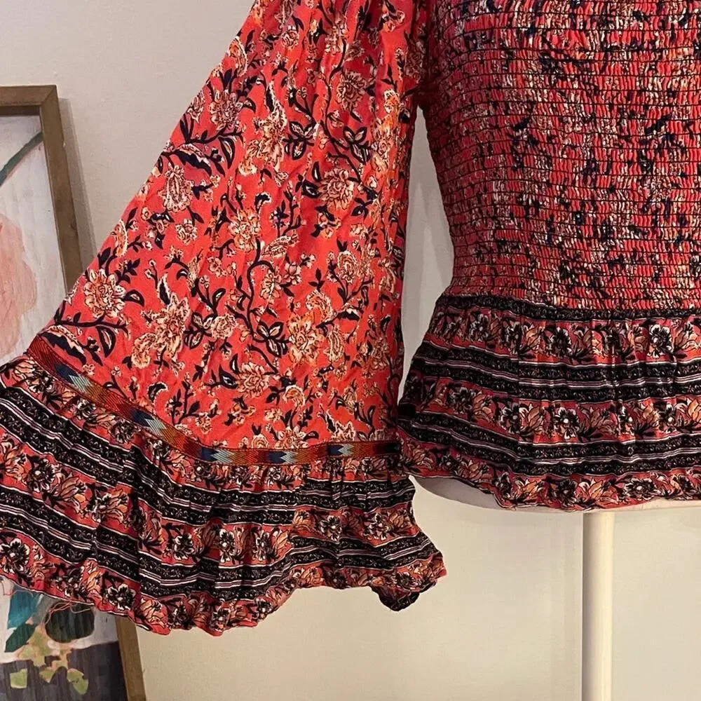 Angie Women’s Boho Floral Smocked Peasant Top Poet Blouse Flared Sleeve | Size M - Picture 3 of 7